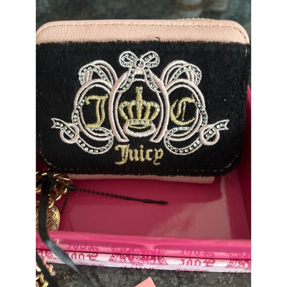 Juicy Couture Black Pink Velvet Crown Embroidered Coin Purse Gold Chain Charm - Picture 7 of 13